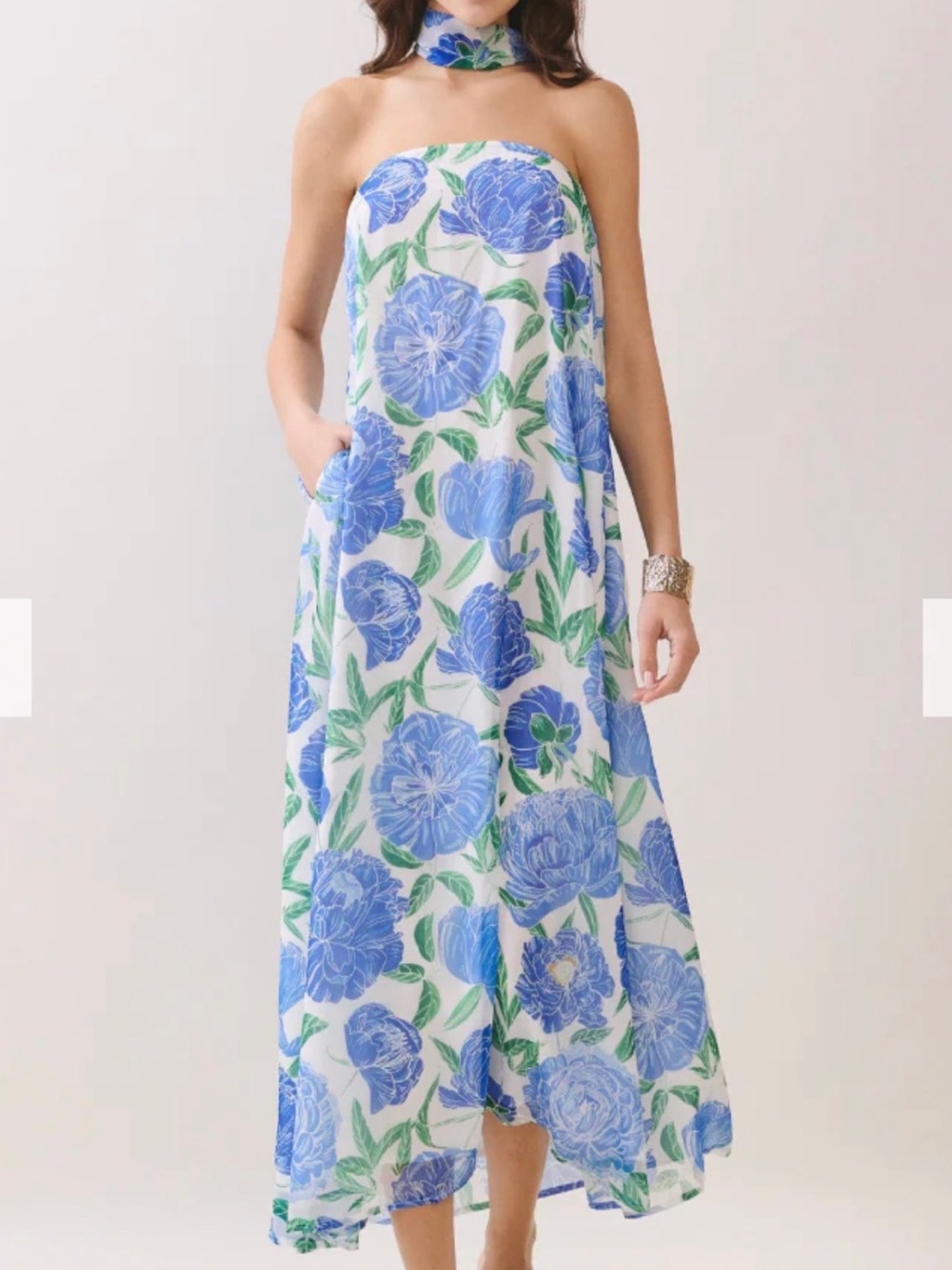 Strapless Blue Floral Maxi Dress - Picture 1 of 6